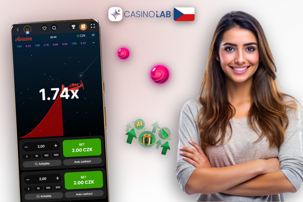 Panel sázek Aviator v Lab Casinu s hodnotami v CZK a tlačítky Bet a Cash Out