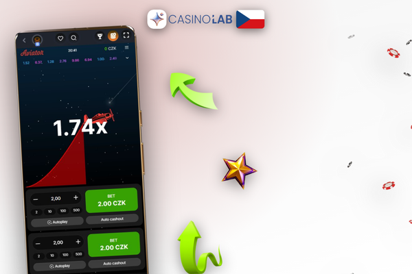 Aviator demo na mobilu vedle uvítací bonusové obrazovky Lab Casina